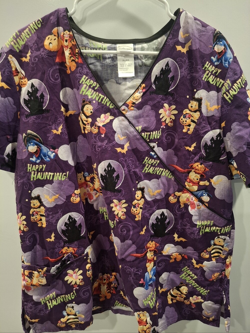 Disney Purple Halloween Scrub Top with Happy Haunting Print